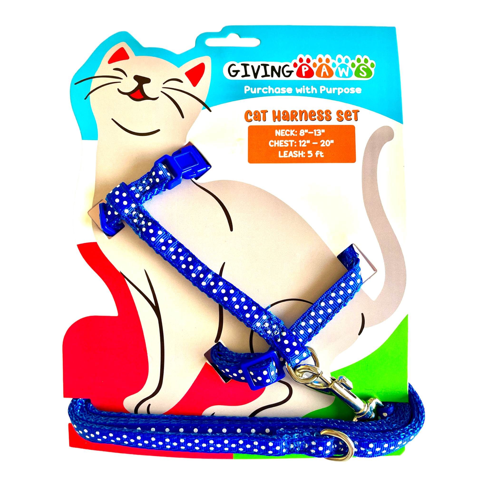 Giving Paws - Polka Dot Cat Harness and Leash Set - Giving Back to Pets in Need - Colorful Fashionable Cat Harness Set for Walking - Adjustable Cat