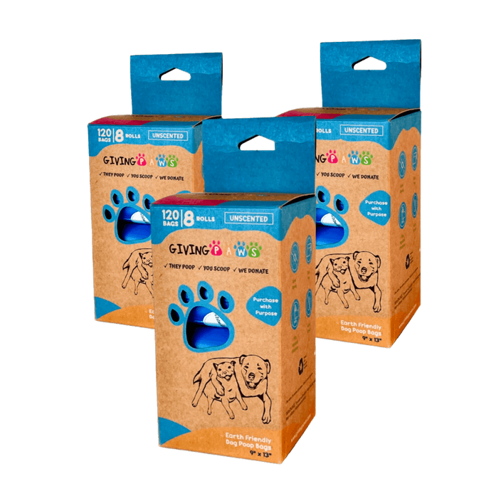 Earth Friendly Dog Poop Bags - 8 Rolls, 120 Bags (3 pack) Poop Bags - dogs GivingPaws 