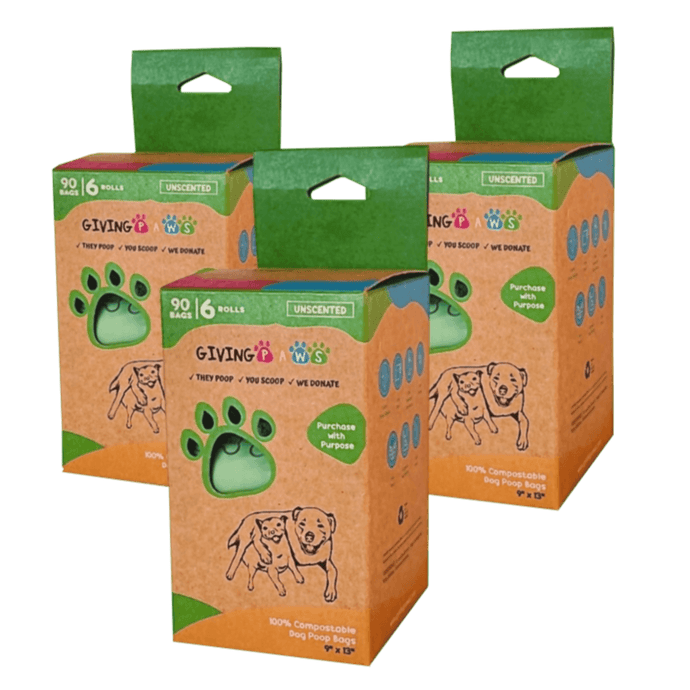 Compostable Dog Poop Bags - 6 rolls, 90 bags (3 pack) Poop Bags - dogs GivingPaws 